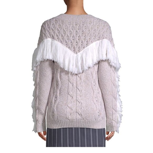 Amur Ulla Fringe Merino Wool Cable Knit Sweater With Fringe Detail Beige Sz Medi - Picture 15 of 15